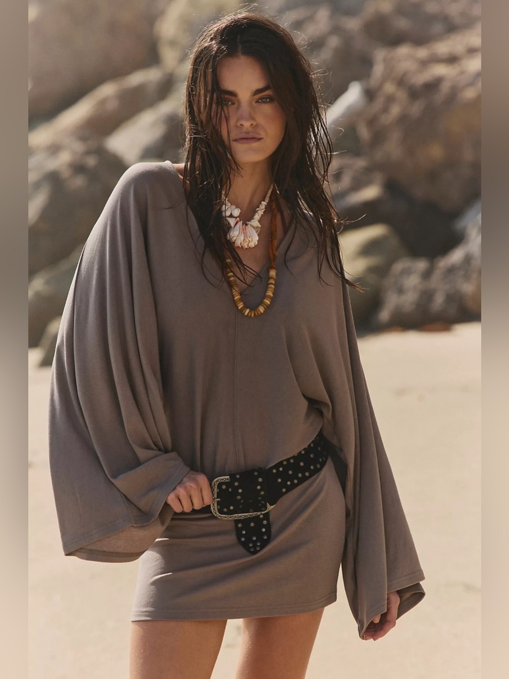 Free People Good Feels V-Neck Mini Dress free-est Boulder Brown Size Small